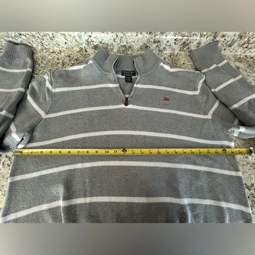 Vintage Polo Ralph Lauren Gray White Stripe 1/4 Zip Sweater Flag Logo Size XXL